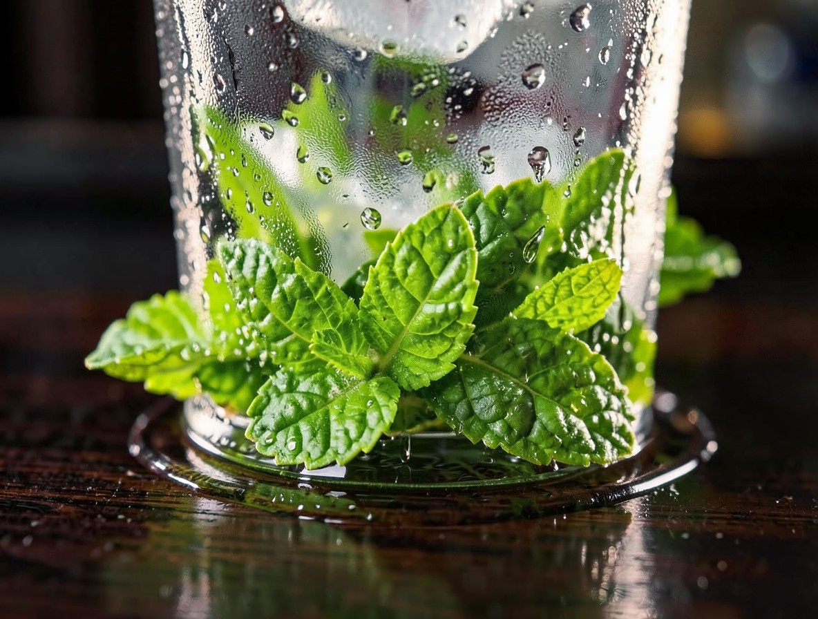 Macro shot of mint leaves being muddled in a cocktail shaker.