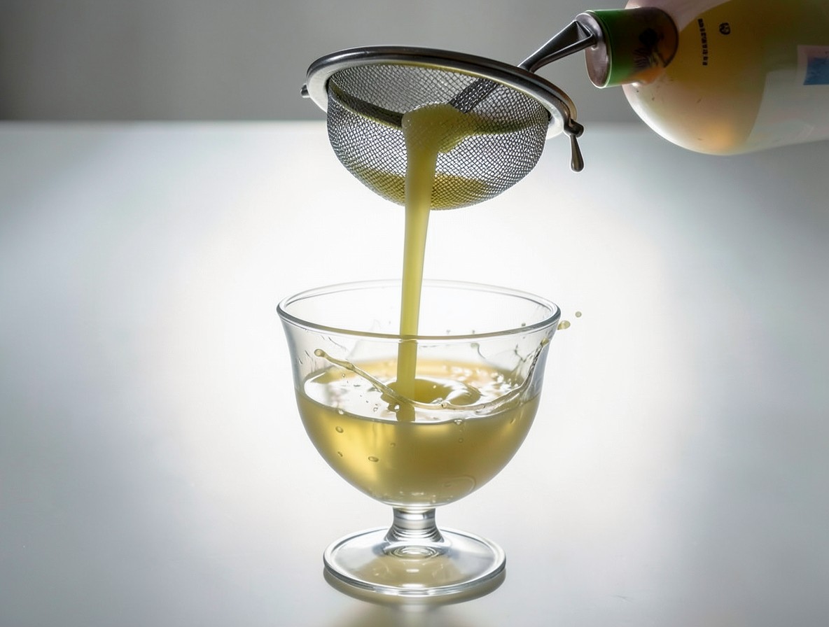 Pouring a strained Southside cocktail into a chilled coupe glass.