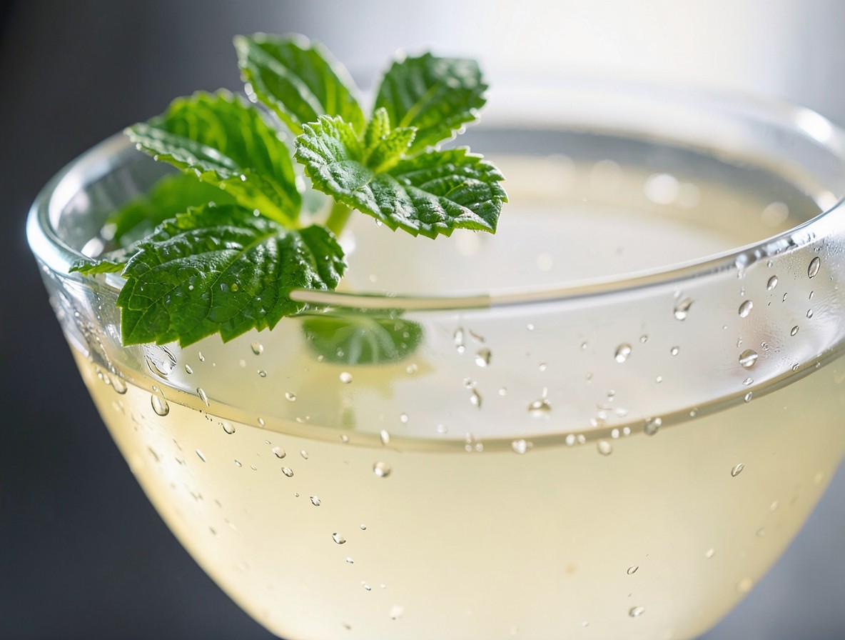 Close-up of a mint garnish on a finished Southside cocktail.