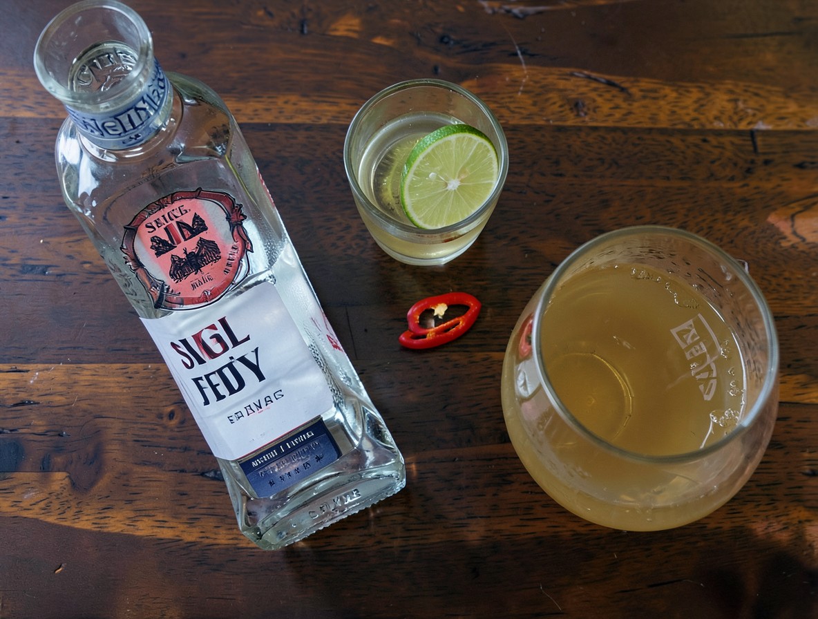 Overhead flat lay of Spicy Fifty ingredients: vodka, St-Germain, lime, honey, chilli.