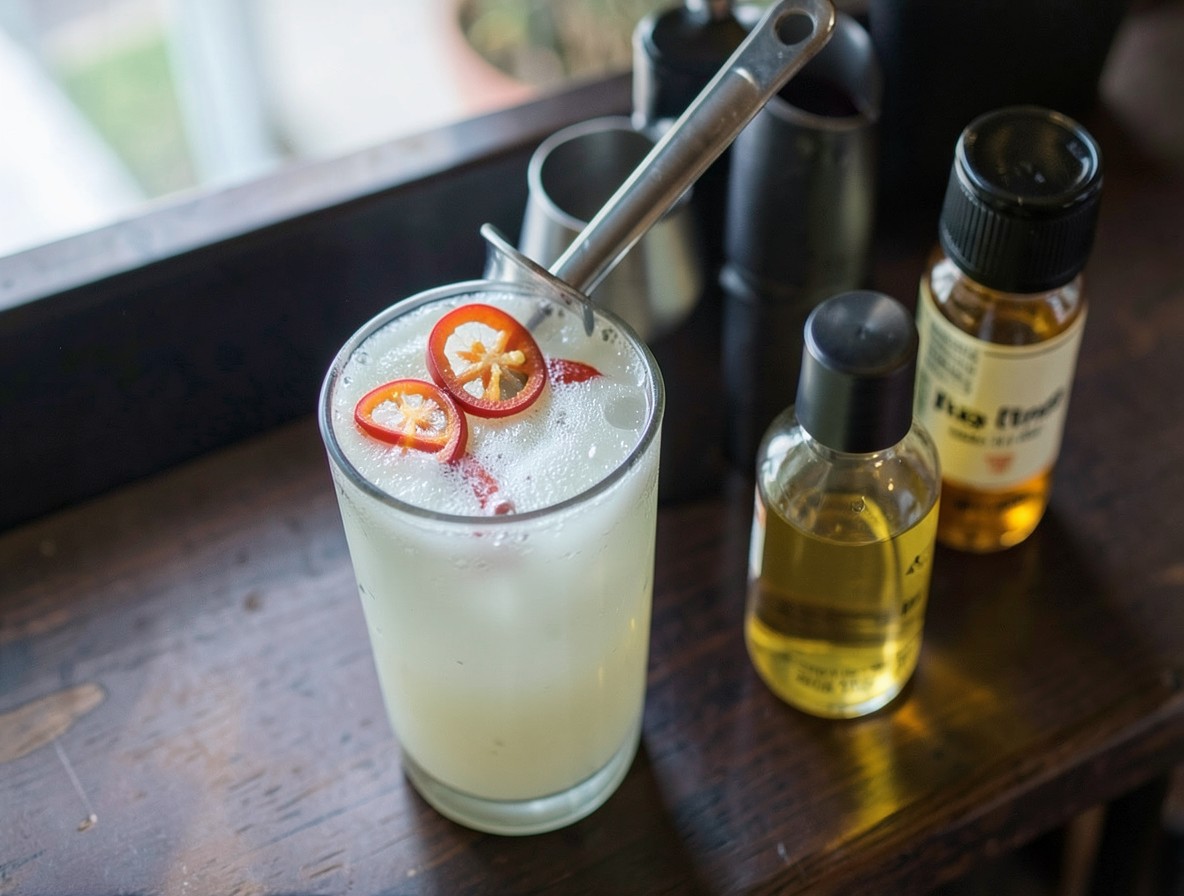 Cocktail shaker with Spicy Fifty ingredients, chilli slices floating in a cloudy liquid.