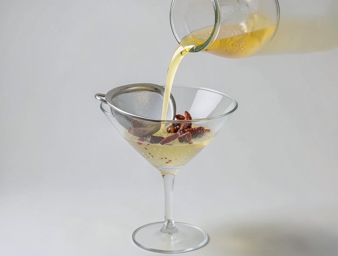 Pouring the Spicy Fifty cocktail through a fine strainer into a martini glass.