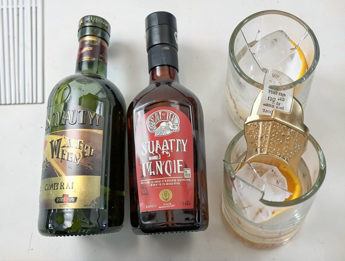 Ingredients for a Squeaky Wheel cocktail laid out on a dark wood bar