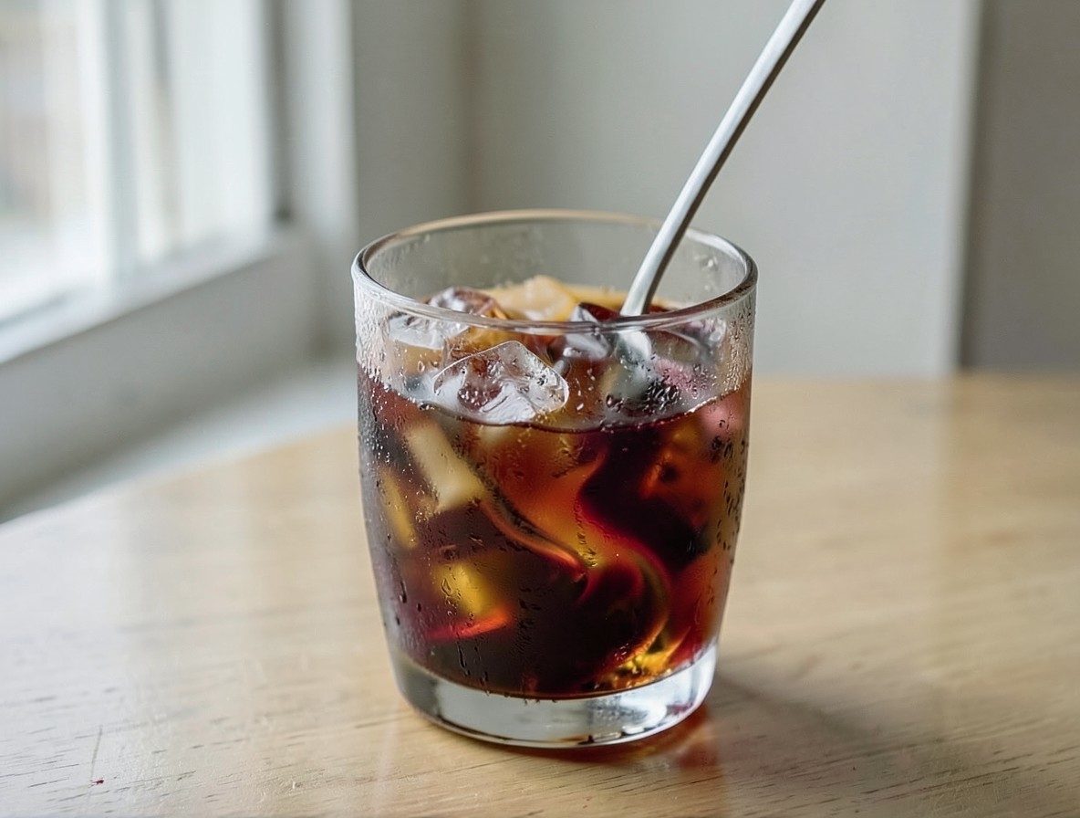 Stirring the Squeaky Wheel cocktail with a bar spoon in a rocks glass