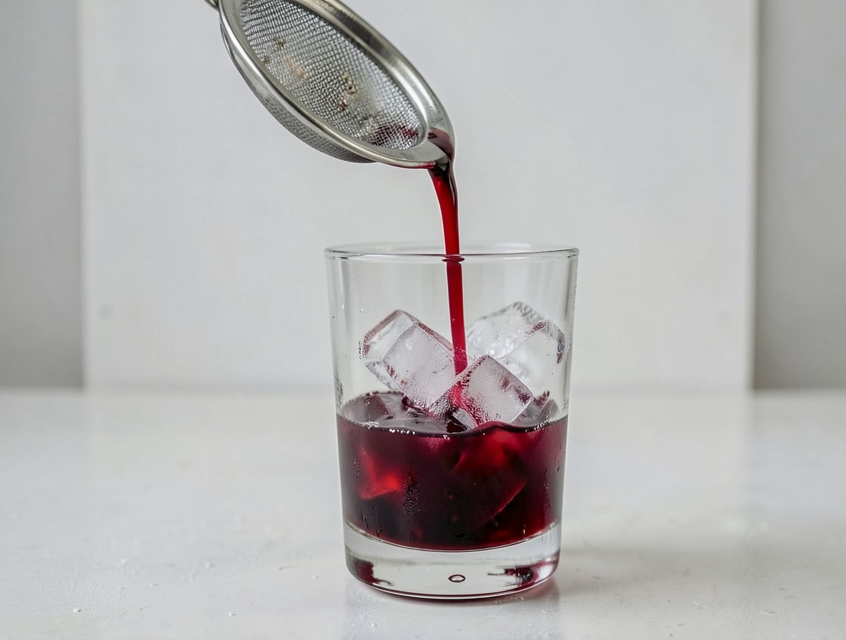 Straining the Squeaky Wheel cocktail into a fresh glass over ice