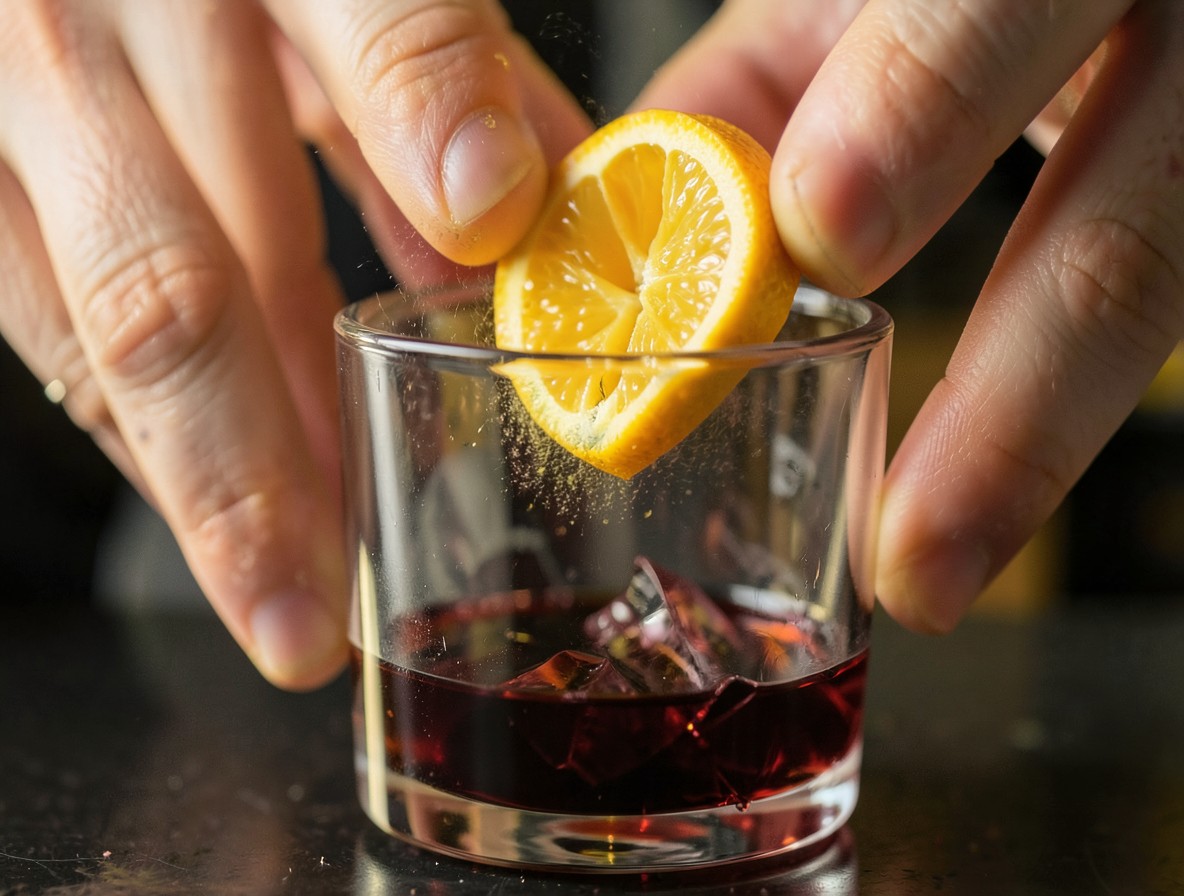 Expressing orange oil over the Squeaky Wheel cocktail for garnish