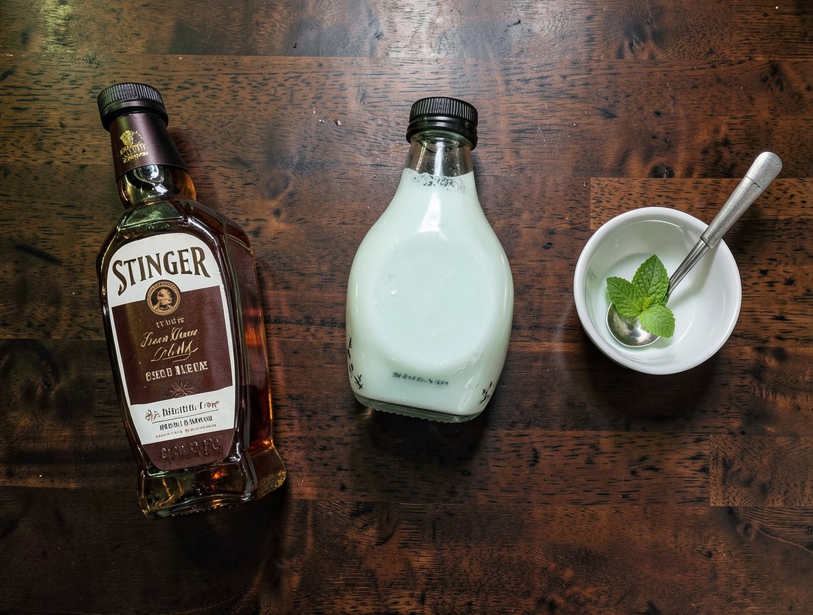 Flat lay of brandy, crème de menthe, and tools for a Stinger cocktail.
