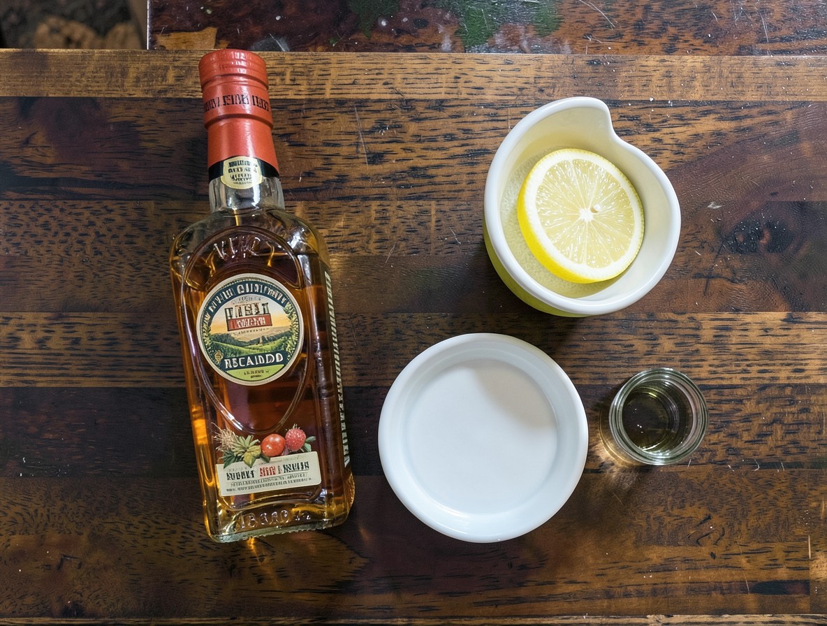 Tequila, lemon, and simple syrup arranged for a tequila sour