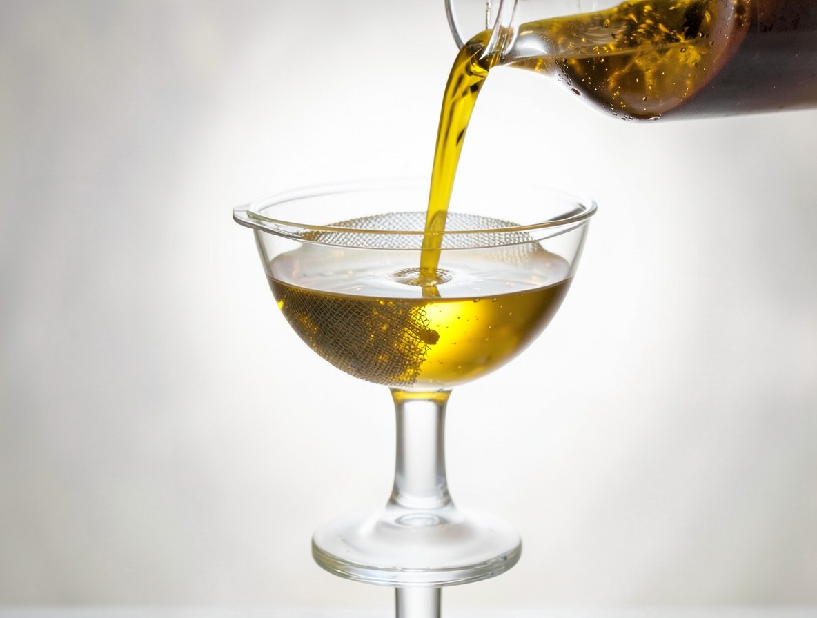 Straining a clear golden tequila sour into a coupe glass