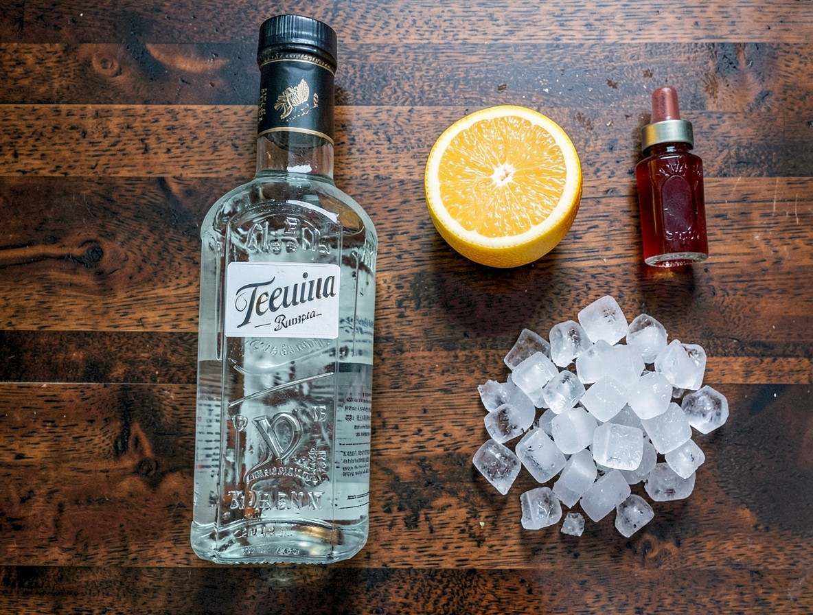 Tequila Sunrise ingredients: tequila bottle, fresh oranges, grenadine, and cracked ice