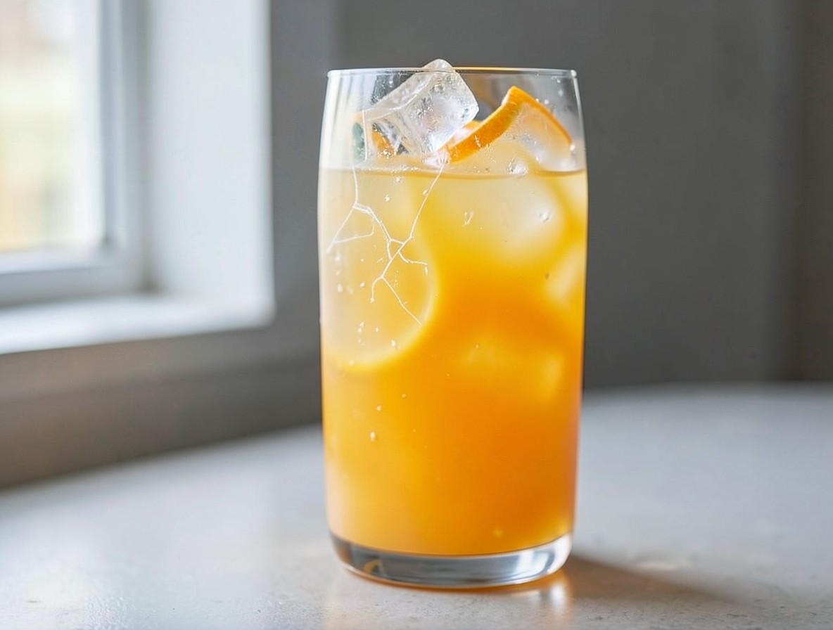 Highball glass with cracked ice and orange juice, ready for grenadine