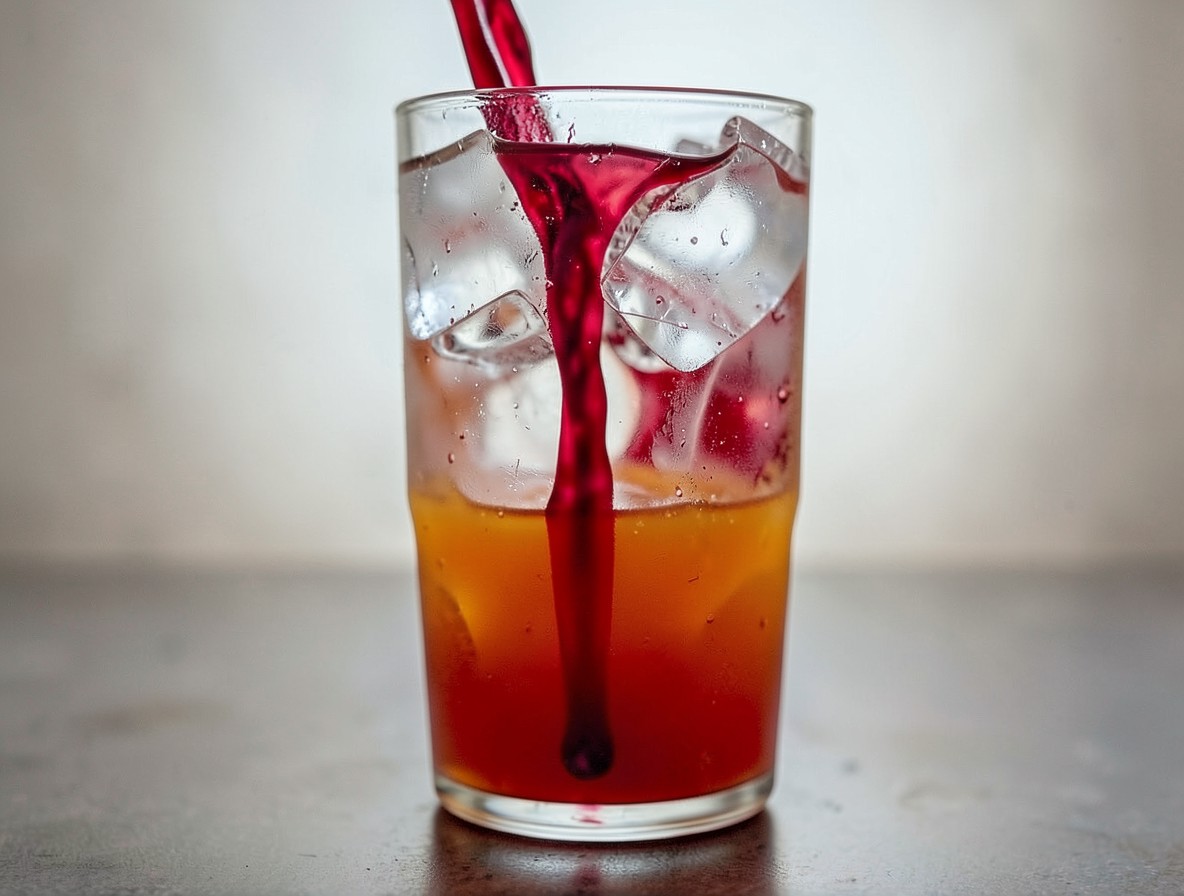 Pouring grenadine into a Tequila Sunrise, the red syrup sinking through the orange juice
