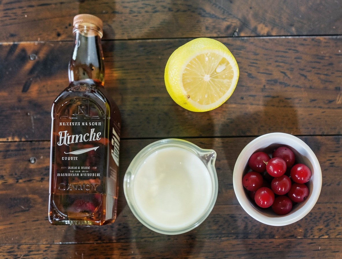 Overhead flat lay of whiskey sour ingredients: bourbon, lemon, simple syrup, and cherries on a dark wood bar.