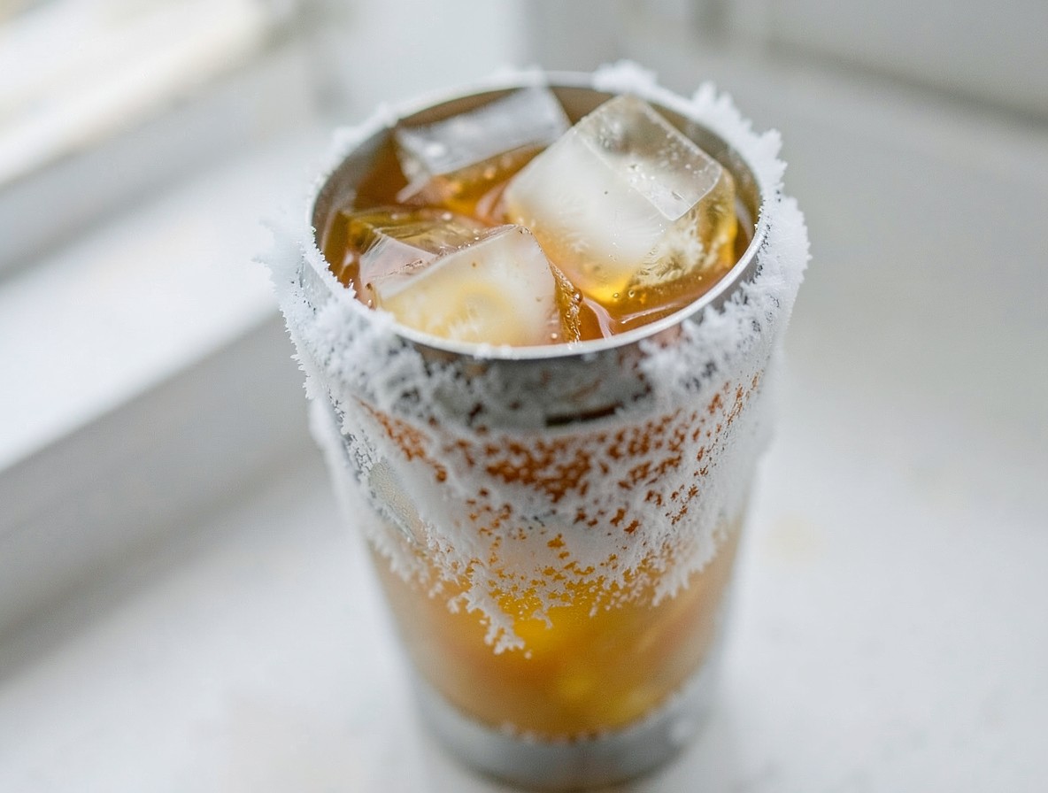 A frosty cocktail shaker mid-shake, filled with a whiskey sour mixture and ice.