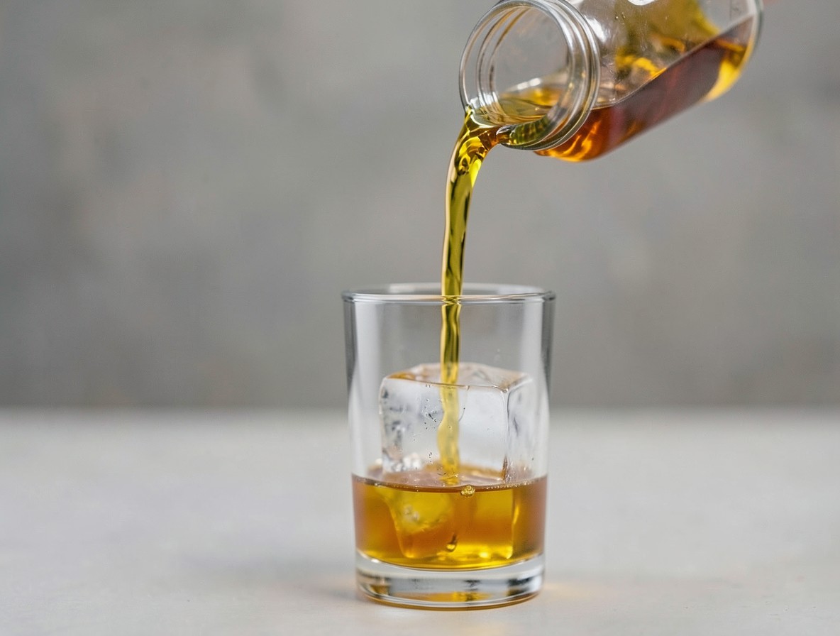 Pouring a perfectly clear whiskey sour from a shaker into a rocks glass over a large ice cube.