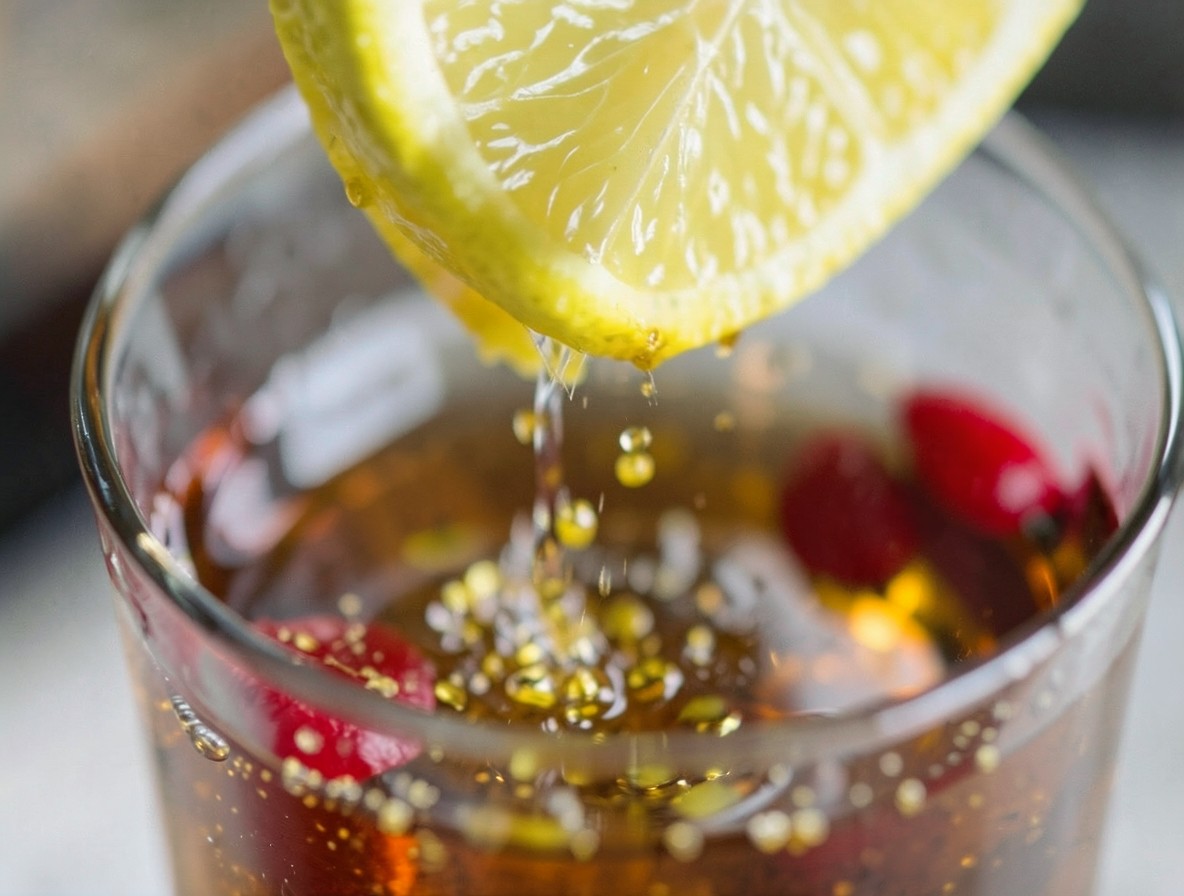 Close-up of expressing lemon oils over a whiskey sour, with a cherry garnish in the background.