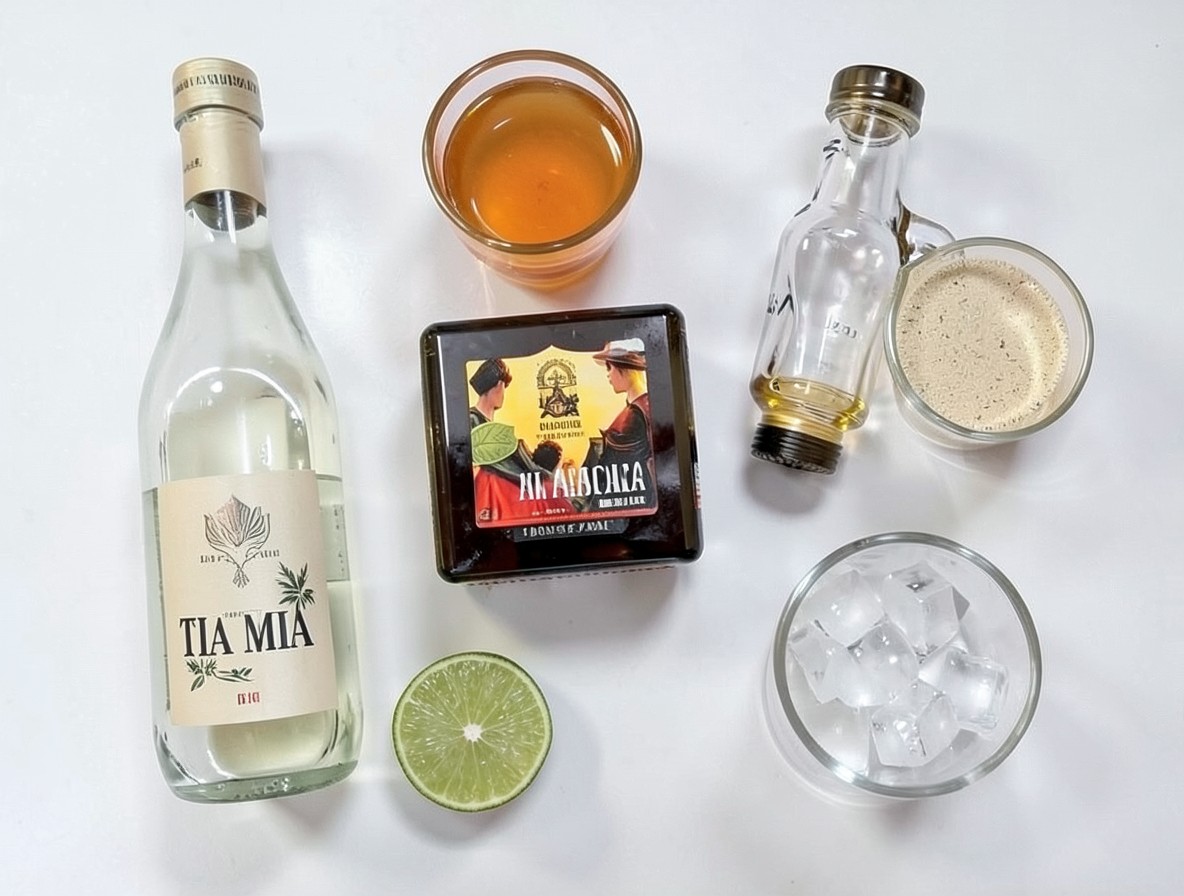 Ingredient flat lay for a Tia Mia cocktail with mezcal, rum, and lime