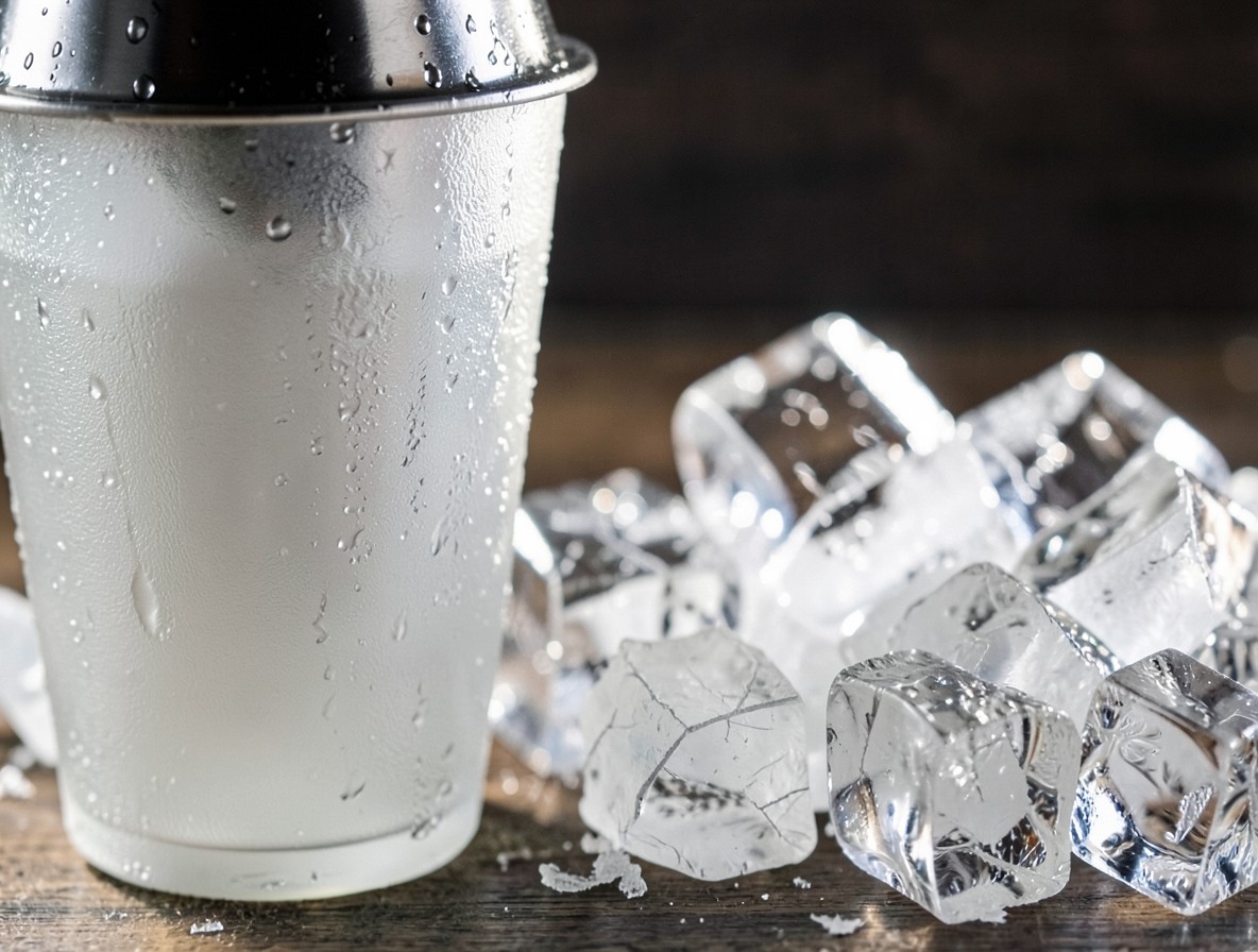 Frosted cocktail shaker and cracked ice for a Tia Mia