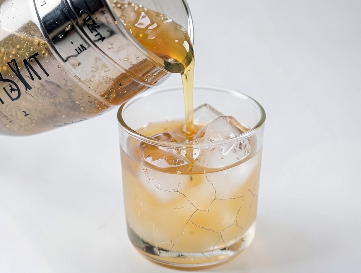 Pouring Tia Mia cocktail through a strainer into a rocks glass