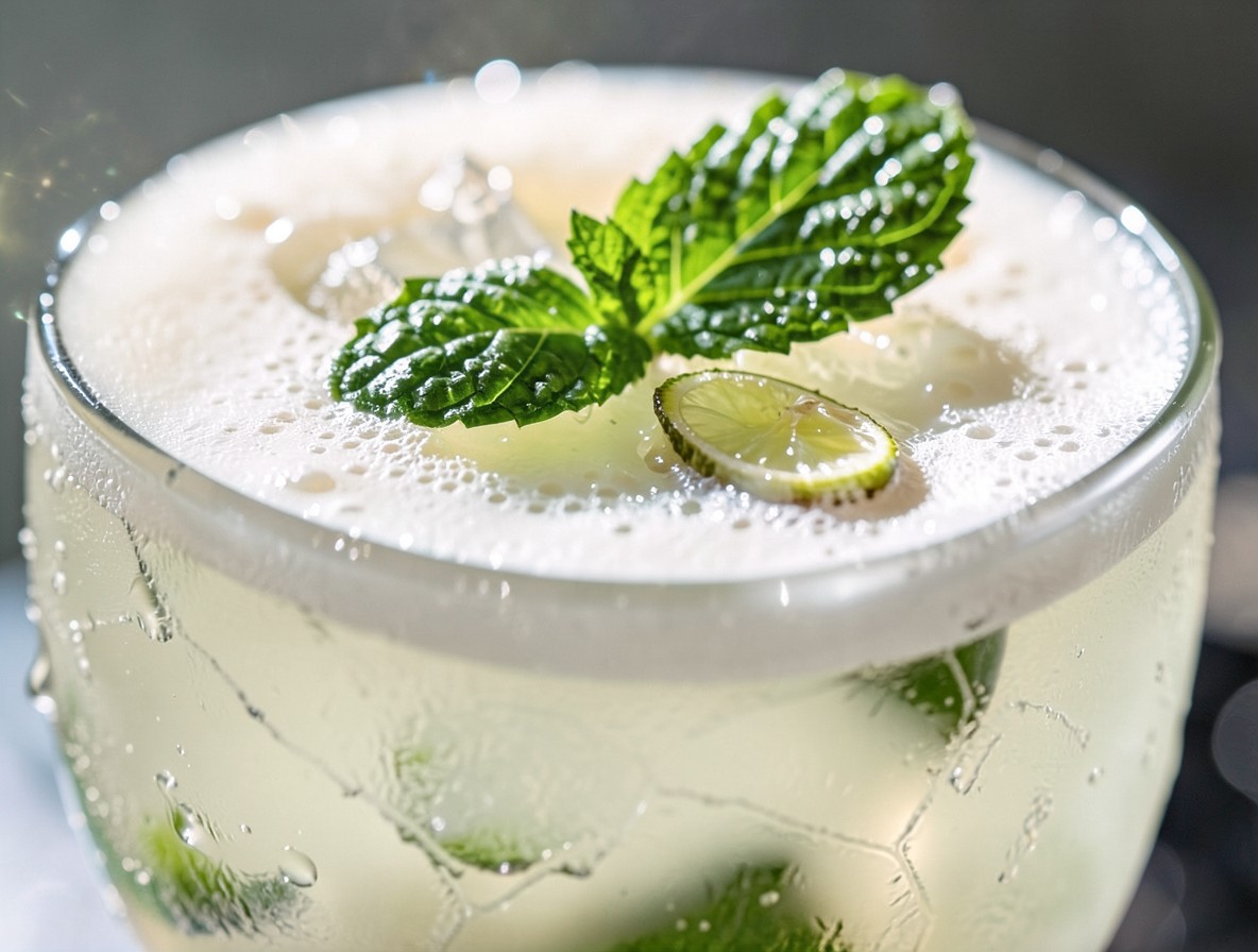 Close-up of Tia Mia garnish with mint and lime shell
