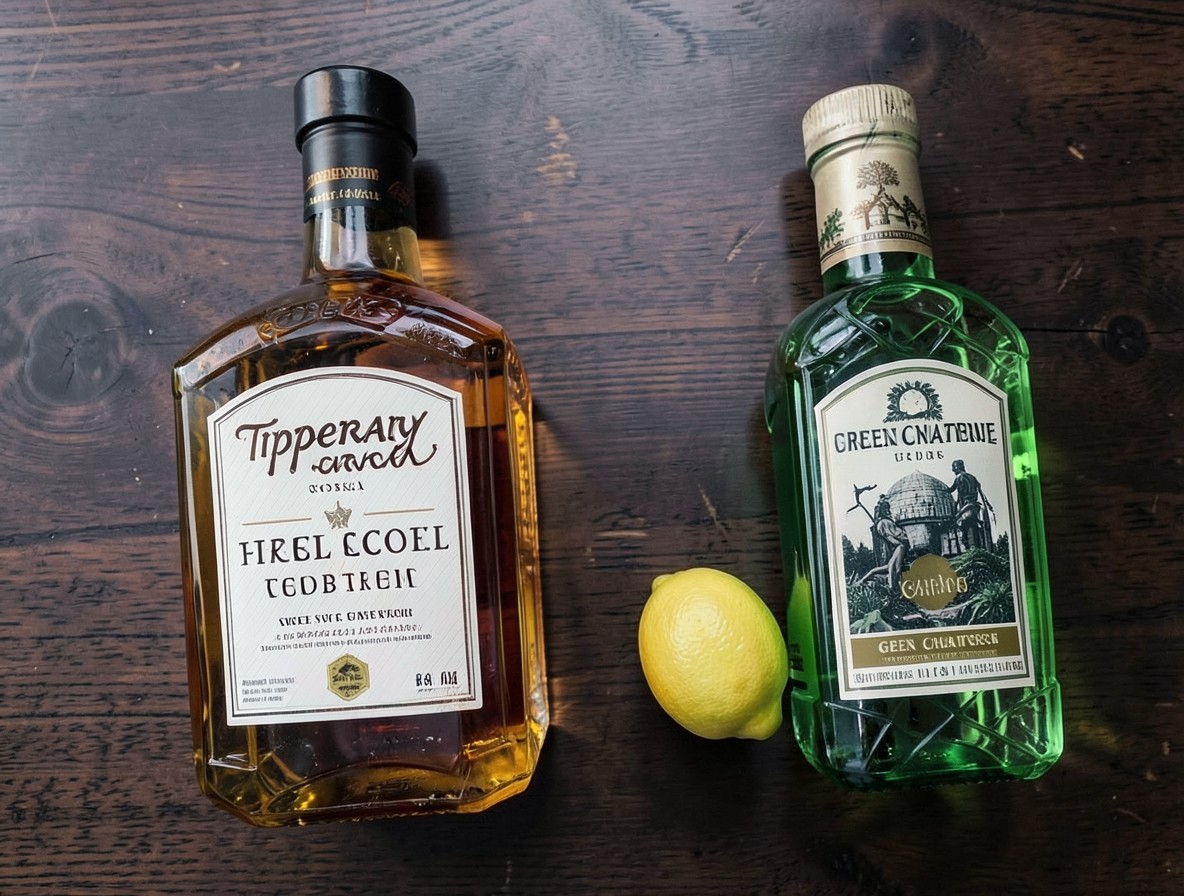 Ingredients for a Tipperary cocktail: Irish whiskey, sweet vermouth, Green Chartreuse, and lemon.