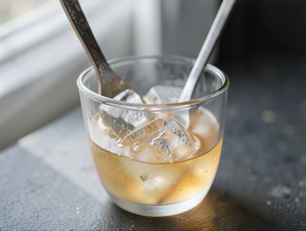 Stirring a Tipperary cocktail in a mixing glass with a bar spoon.