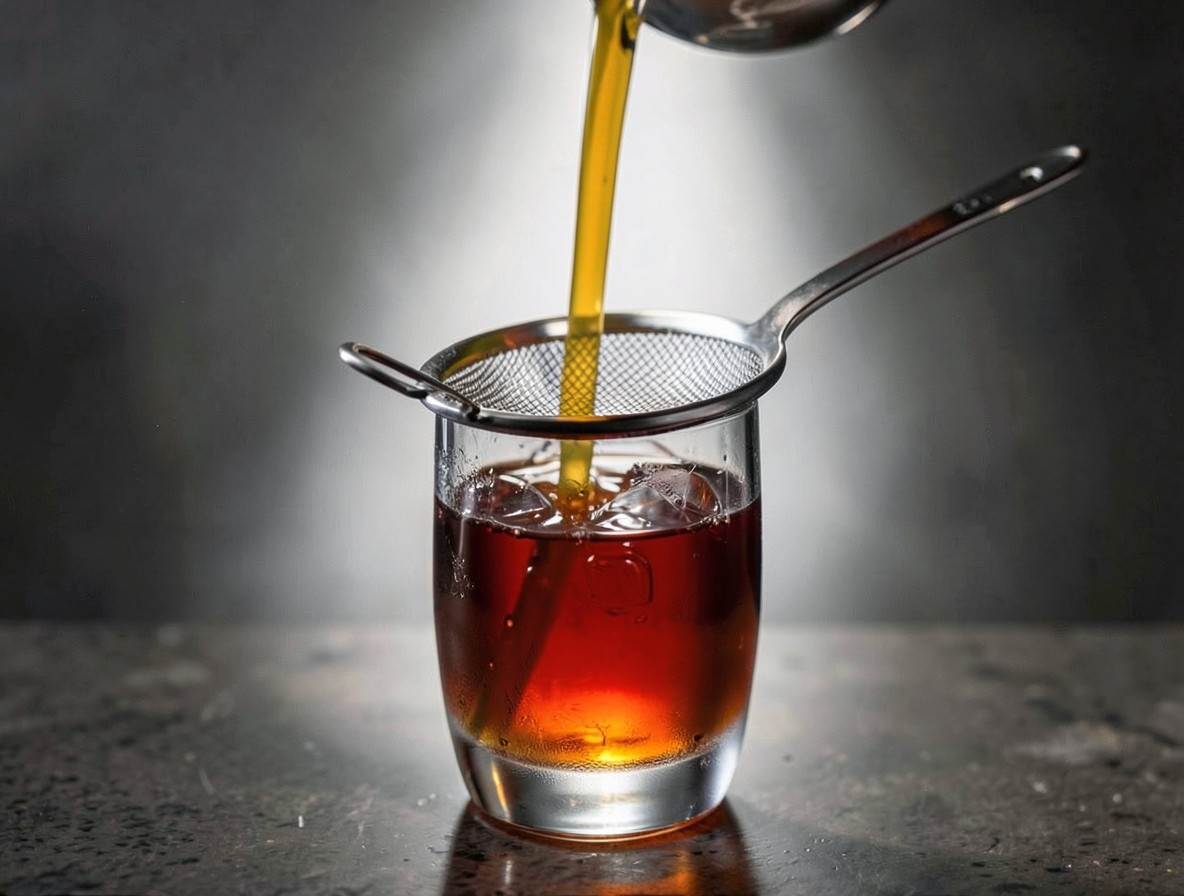 Straining a Tipperary cocktail into a Nick and Nora glass.