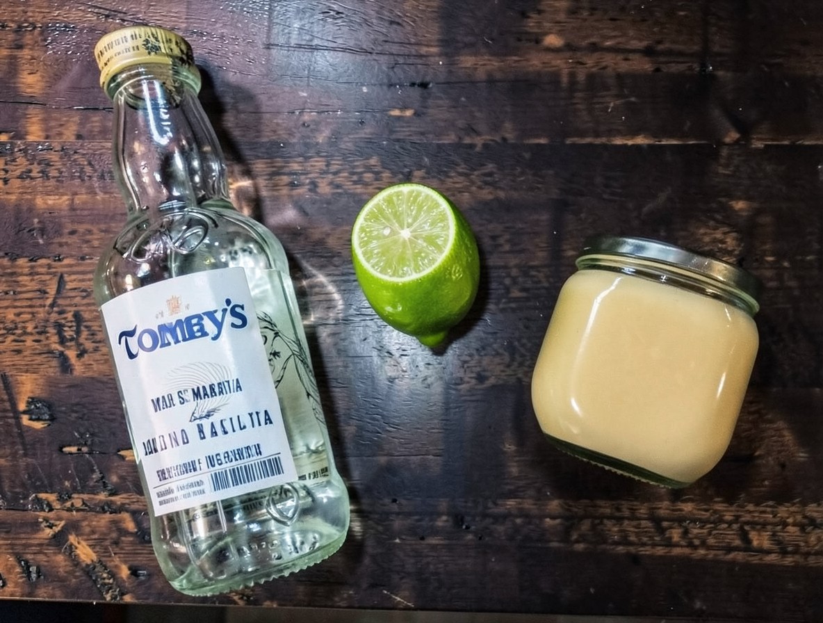 Ingredients for Tommy's Margarita — tequila bottle, fresh lime, and jar of agave syrup