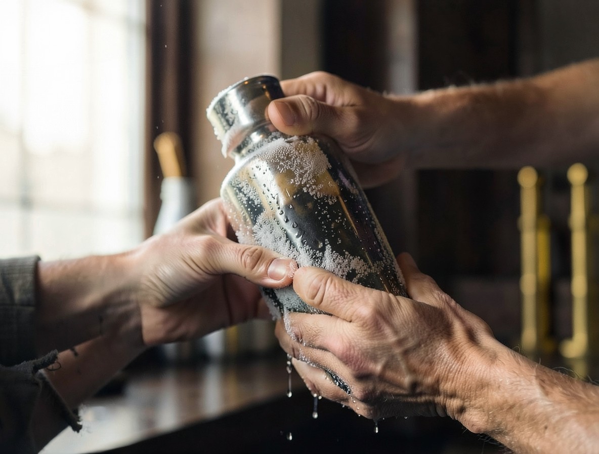 Shaking a Tommy's Margarita in a frosted cocktail shaker, condensation on the metal