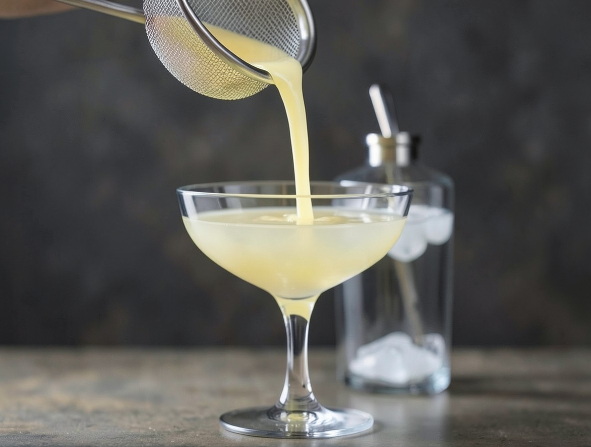 Double straining a Tommy's Margarita through a fine mesh strainer into a coupe glass