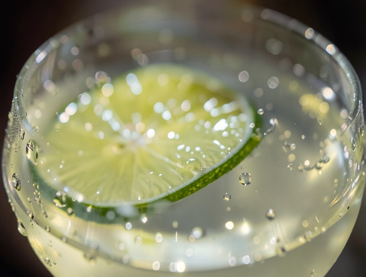 Close-up of Tommy's Margarita with lime wheel floating on clear pale liquid, condensation on glass