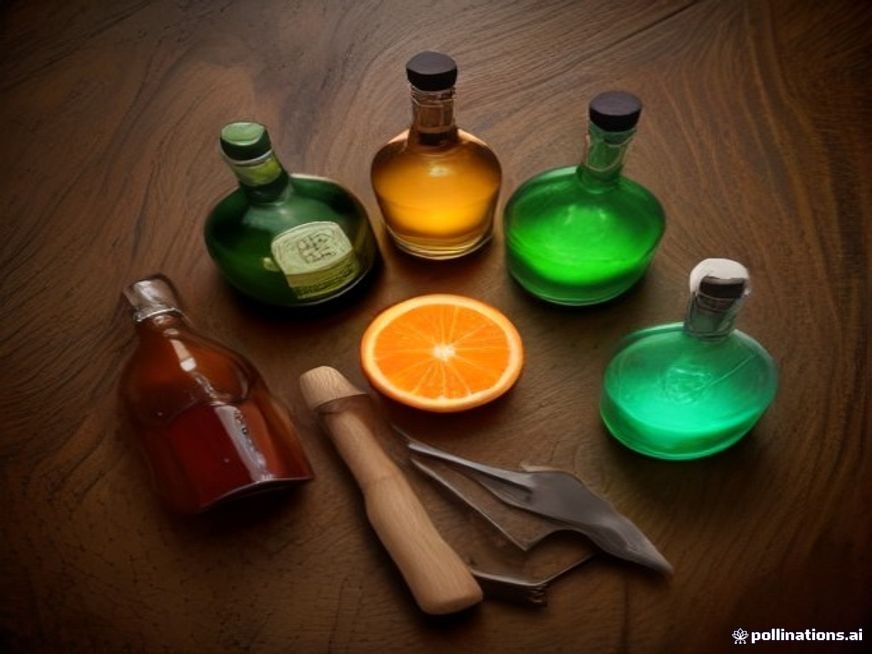 Flat lay of Tuxedo cocktail ingredients with gin, vermouth, bitters, and absinthe