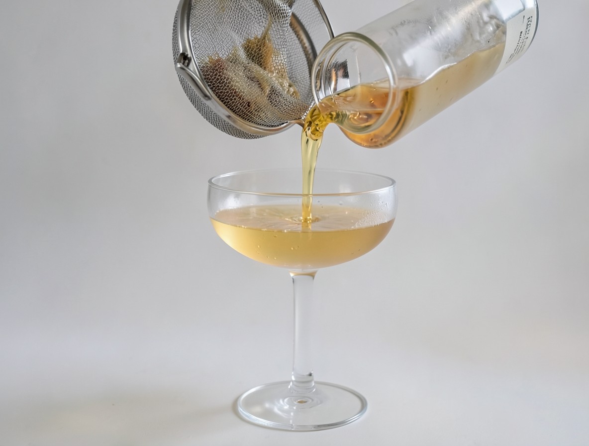 Straining a clear Tuxedo cocktail from a mixing glass into a coupe