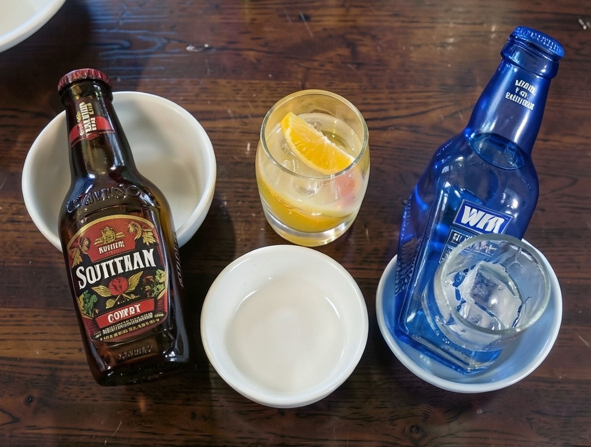 Flat lay of Venom cocktail ingredients with bottles and orange juice