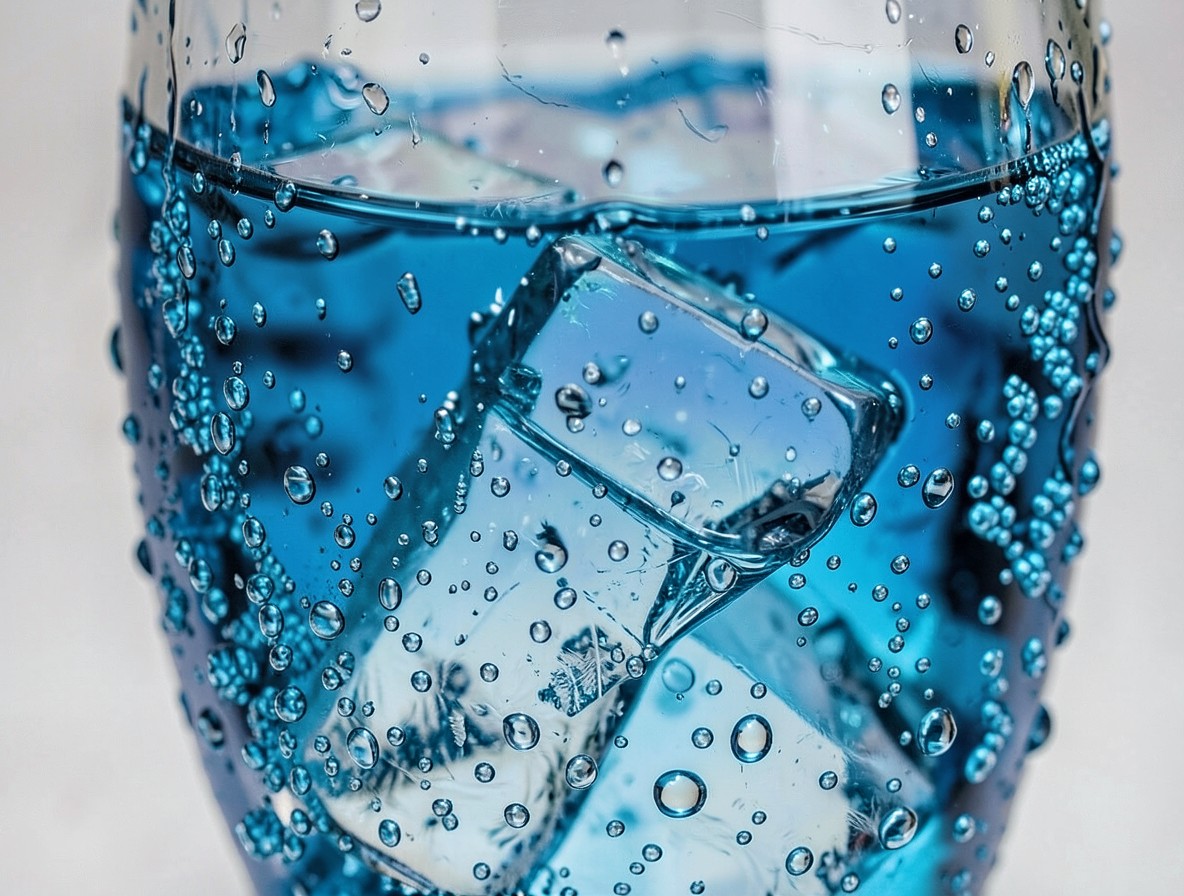 Macro of blue Venom cocktail showing bubbles and condensation