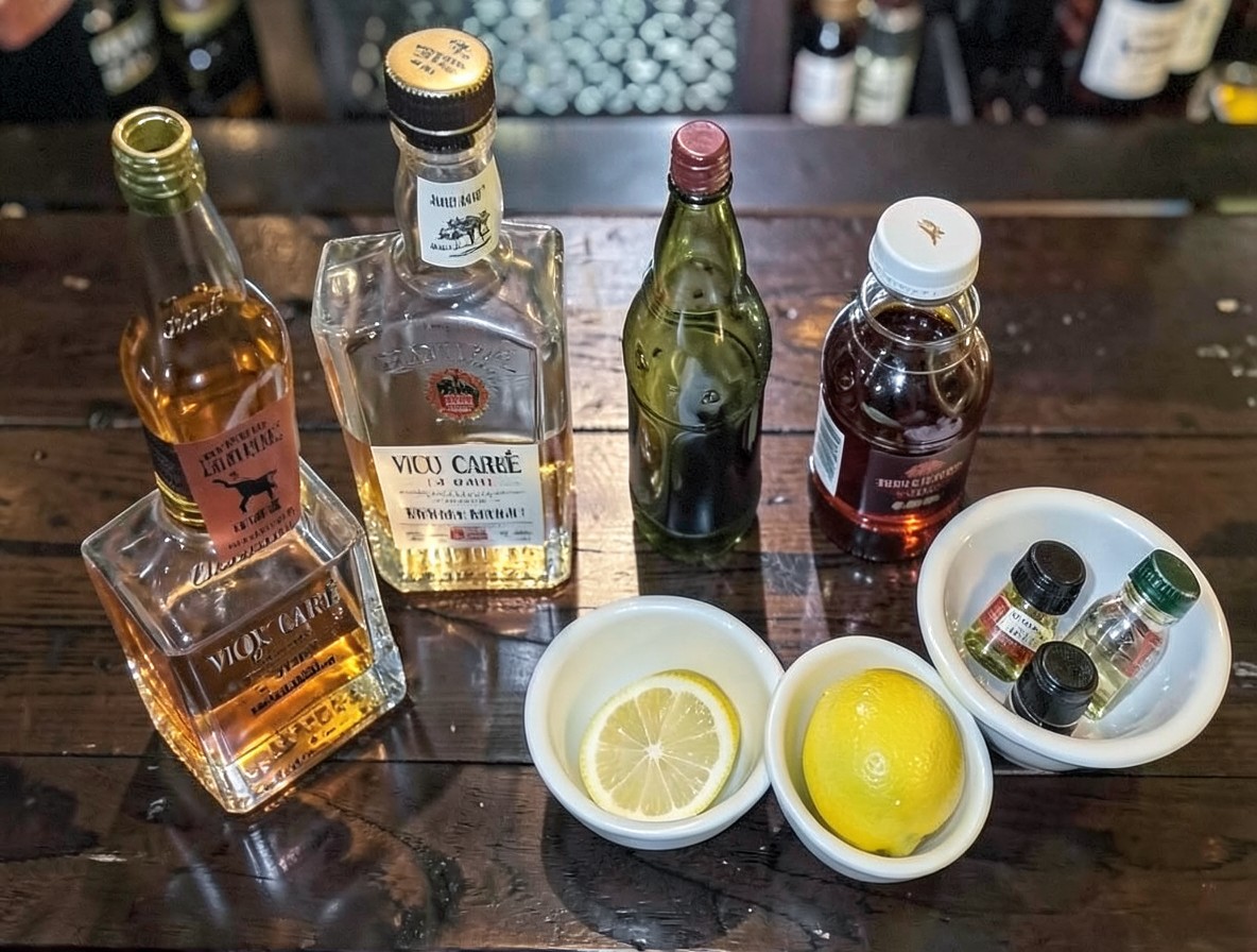 Flat lay of rye, cognac, vermouth, Benedictine, and bitters for a Vieux Carré