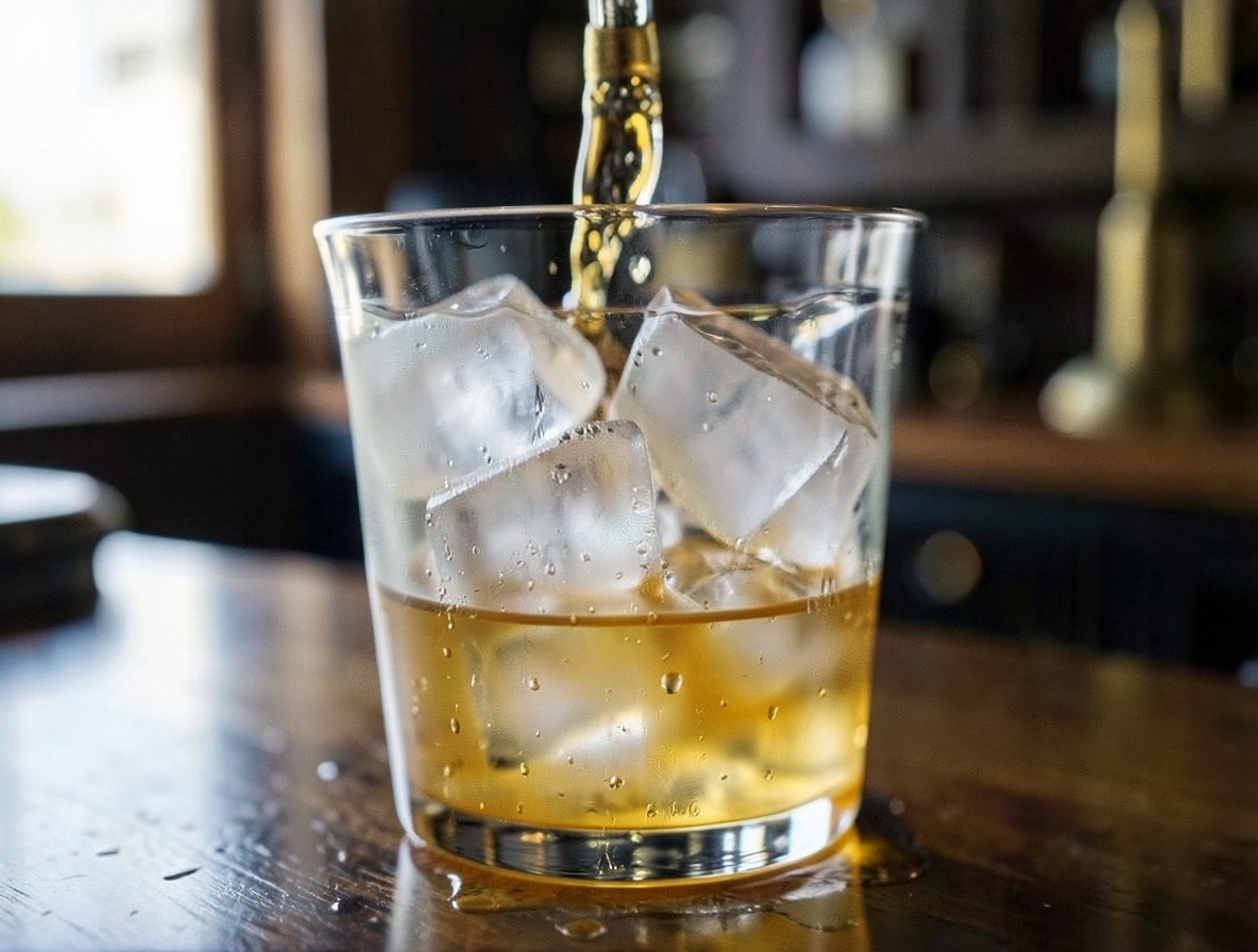 Pouring whiskey and vermouth into a mixing glass full of ice