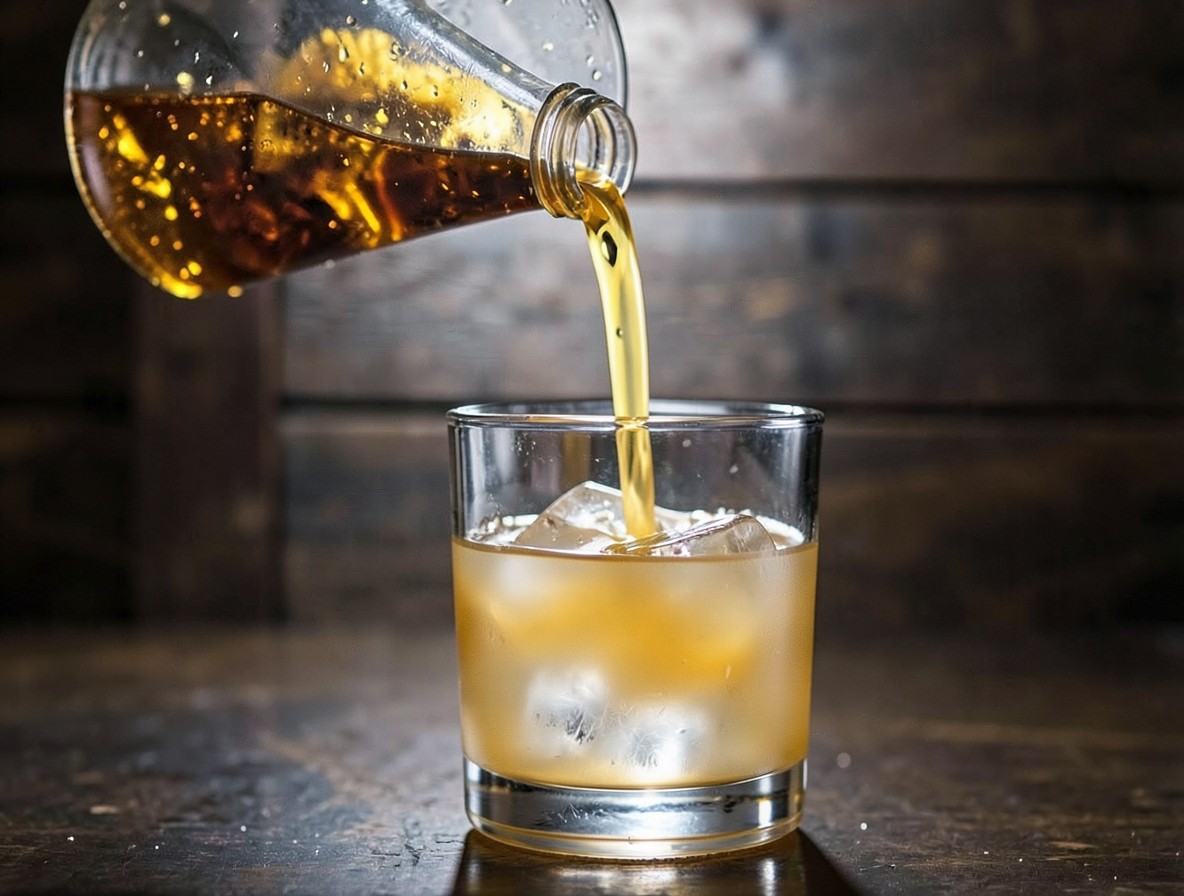 Straining the amber Vieux Carré into a rocks glass over a large ice cube