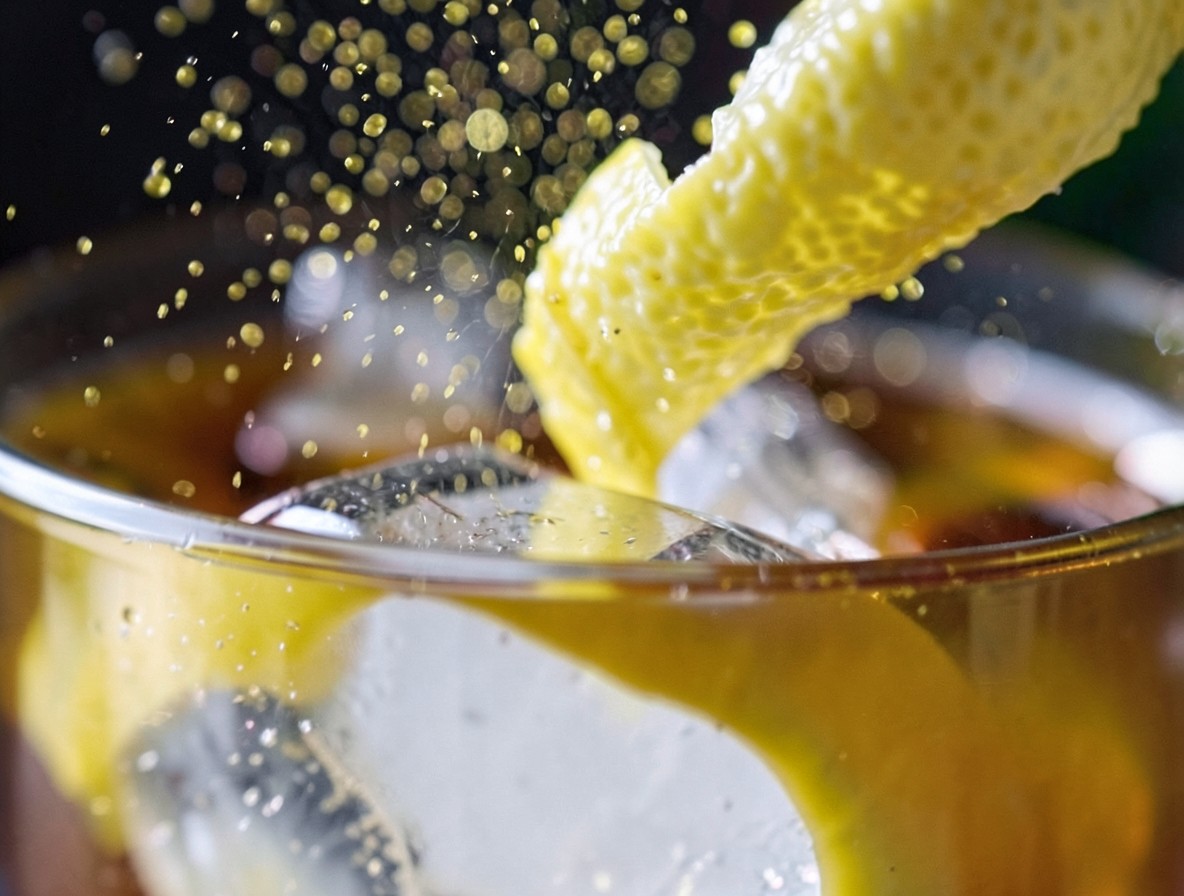 Macro shot of lemon oil being expressed over a Vieux Carré