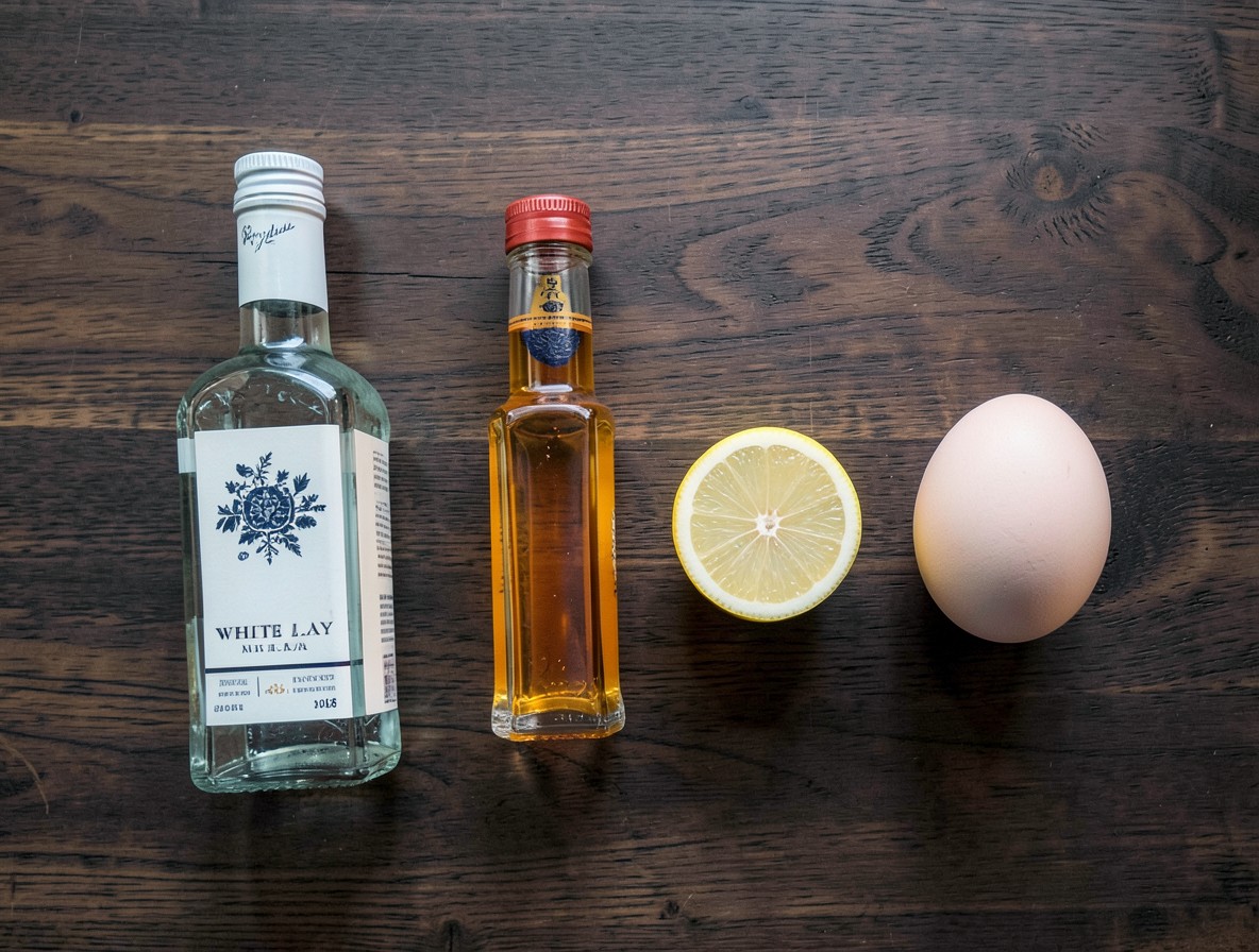 Flat lay of gin, orange liqueur, lemon, and egg for a White Lady