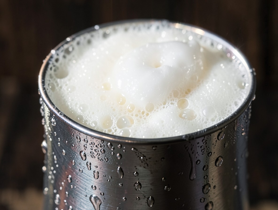 Frothy egg white after a dry shake in a cocktail tin