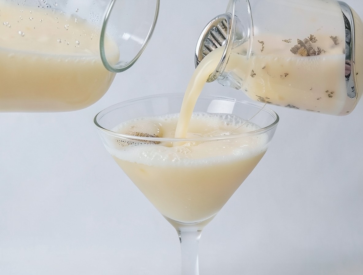 Pouring a White Lady cocktail through a strainer into a martini glass