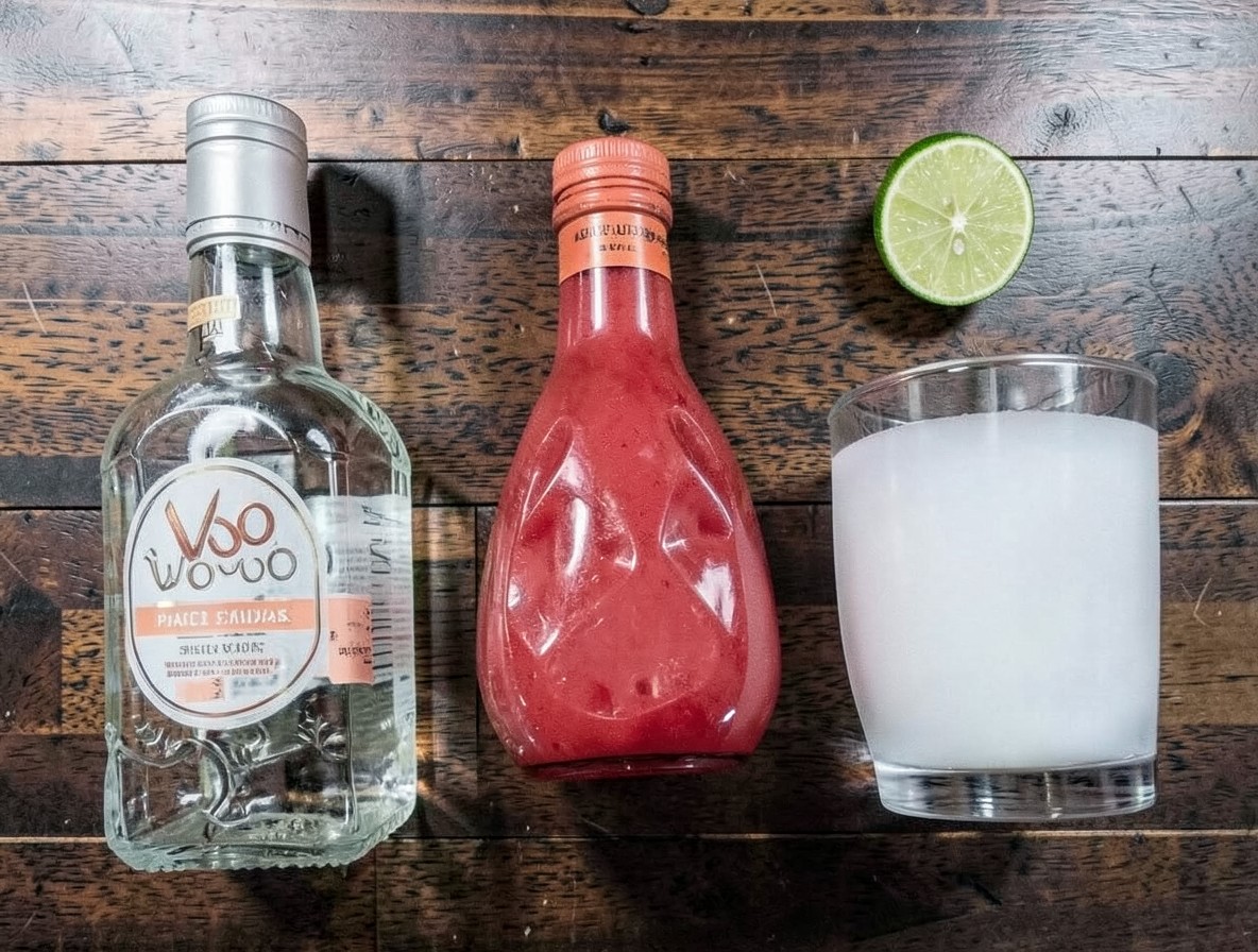 Flat lay of vodka, peach schnapps, cranberry juice, and lime for a Woo Woo cocktail