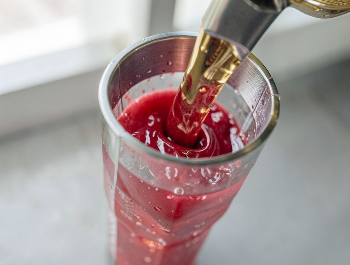 Adding cranberry juice to vodka and peach schnapps in a cocktail shaker