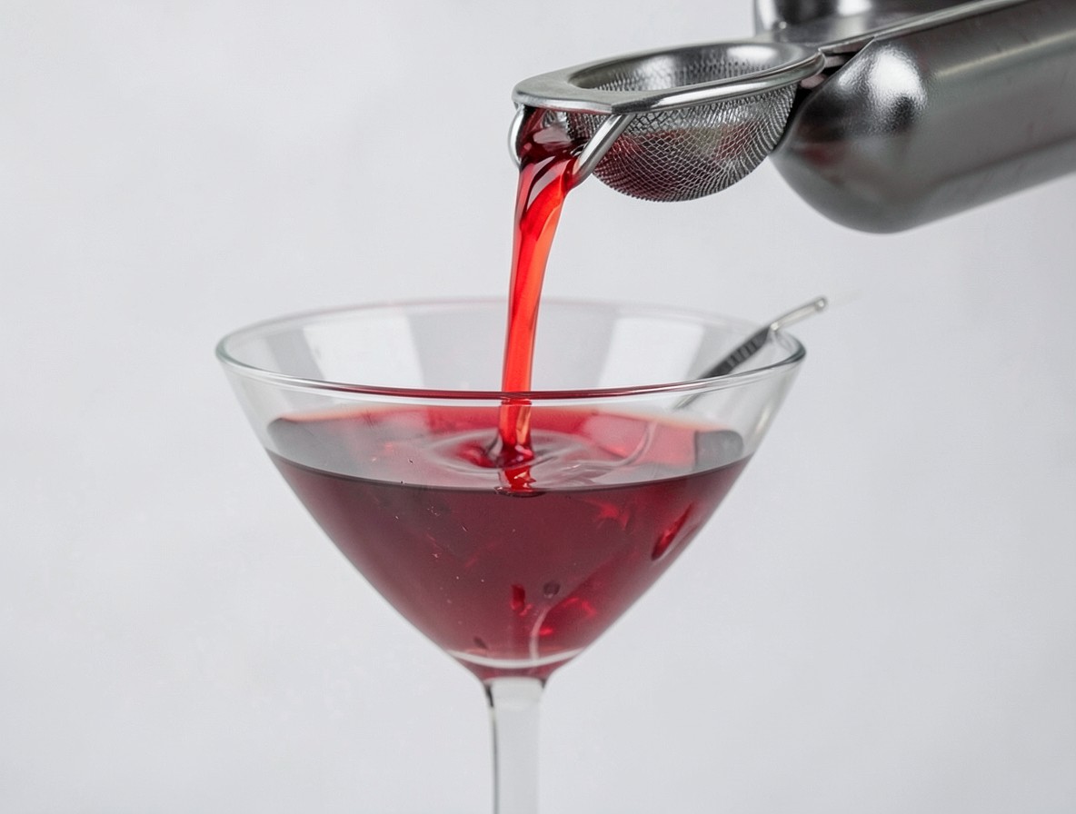 Pouring the Woo Woo cocktail through a fine strainer into a martini glass