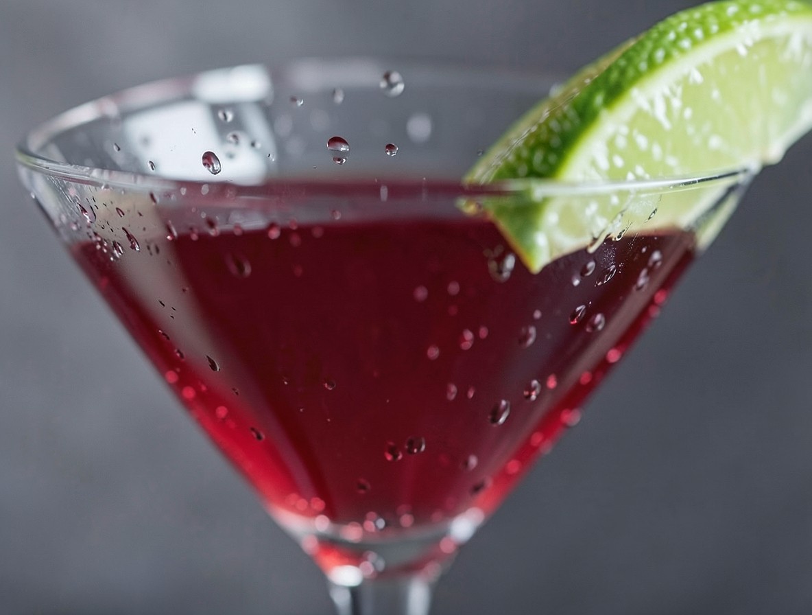 Close-up of a finished Woo Woo cocktail with lime wedge and condensation on the glass