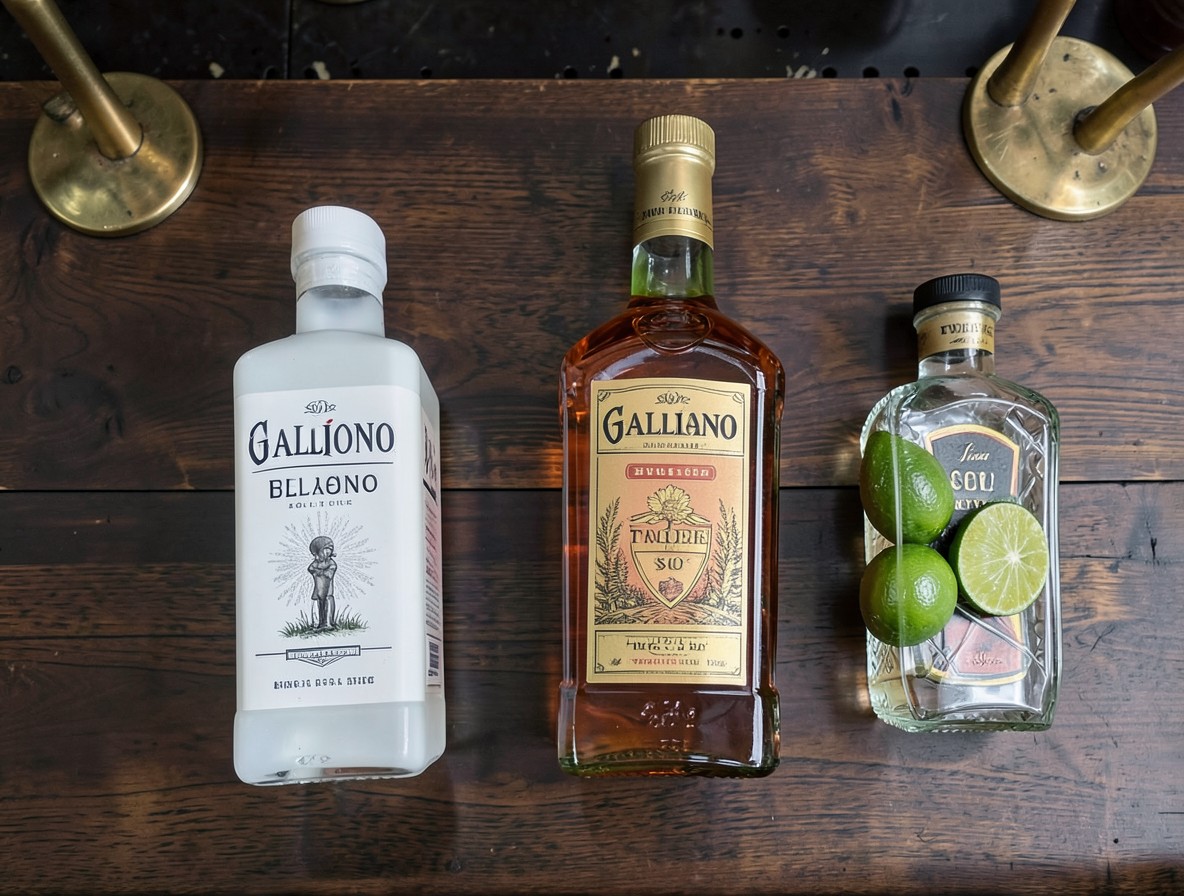 Flat lay of white rum, Galliano, triple sec, and fresh limes for a Yellow Bird