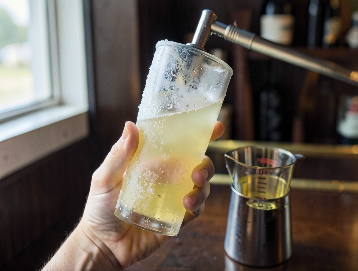 Frosted cocktail shaker and jigger ready for a Yellow Bird