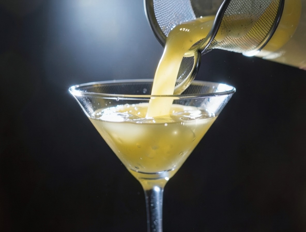 Pouring a strained Yellow Bird cocktail into a chilled martini glass
