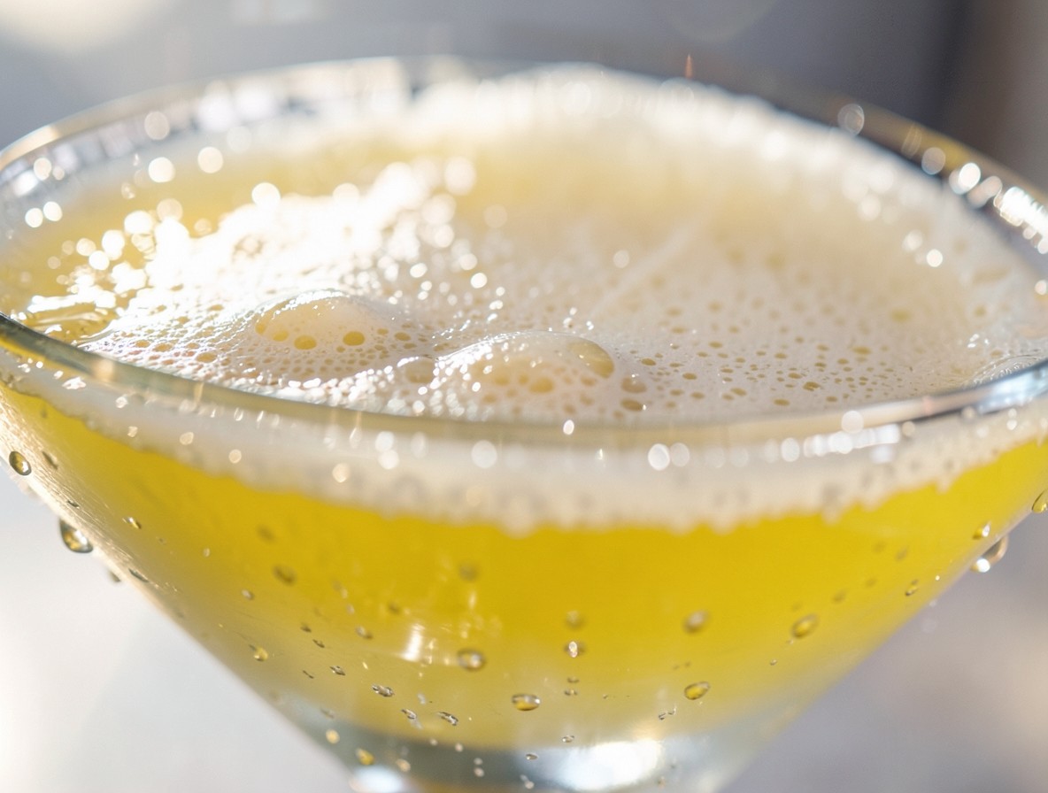 Close-up of the foam top and condensation on a Yellow Bird cocktail